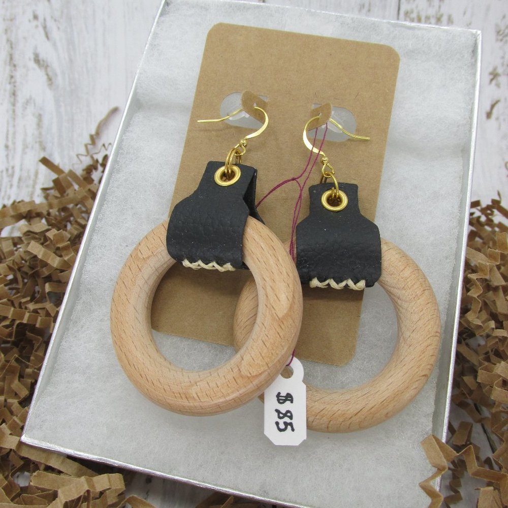 Genuine Leather and Wood Circle Earrings - Picture 2 of 3